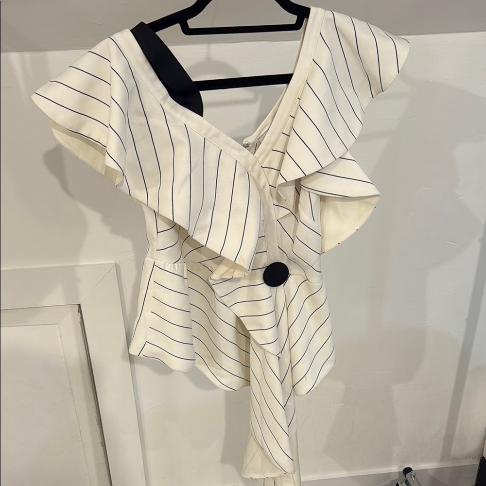 Self-Portrait Striped Ruffle Top with Navy Accent